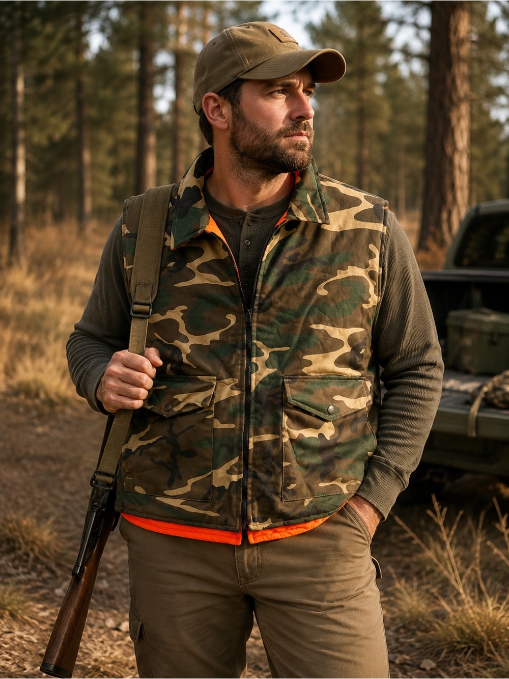 Camouflage Reversible Hunting Vest with Orange Lining